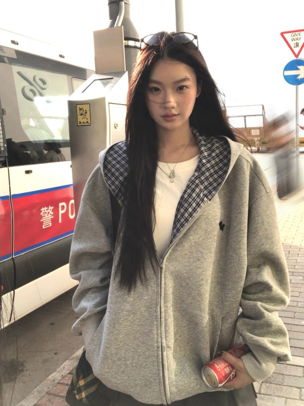 连帽卫衣外套女款2025新款秋季灰色正流行美式慵懒chic上衣|undefined
