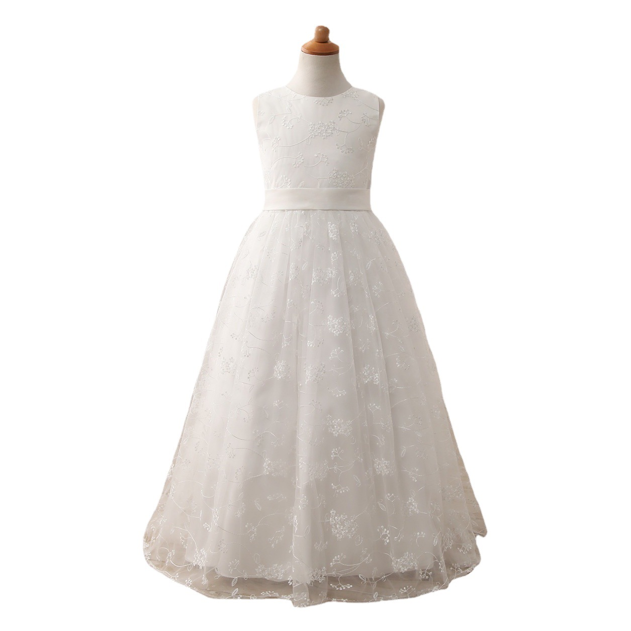 Vestido de niña para boda, estilo europeo y americano, con cuello redondo, de malla y encaje, color blanco, largo, para comercio transfronterizo en Amazon.