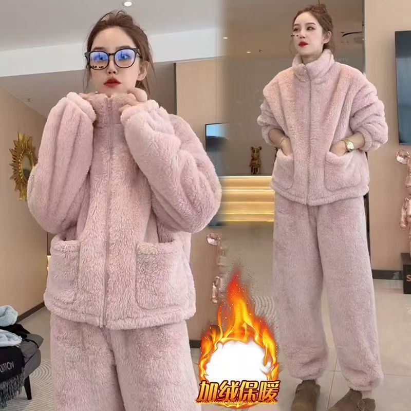 2025 New Coral Velvet Couple Pajamas Women's Winter Velvet Thickened Warm Home Clothes Loose Two-Piece Suit