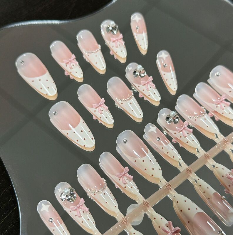 French-Style Polka Dot Nude Color Bow-Tie Pointed Base with Rhinestones and Pearls, Light Luxury Nude Nail Strips, Ready-Made New Year Nail Strips