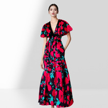 欧美复古桔梗裙性感深V领收腰显瘦设计感印花修身长款雪纺连衣裙