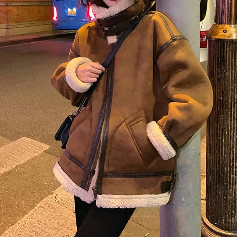 皮毛一体羊羔毛外套女2025新款冬季麂皮绒机车服夹克羊羔绒棉服