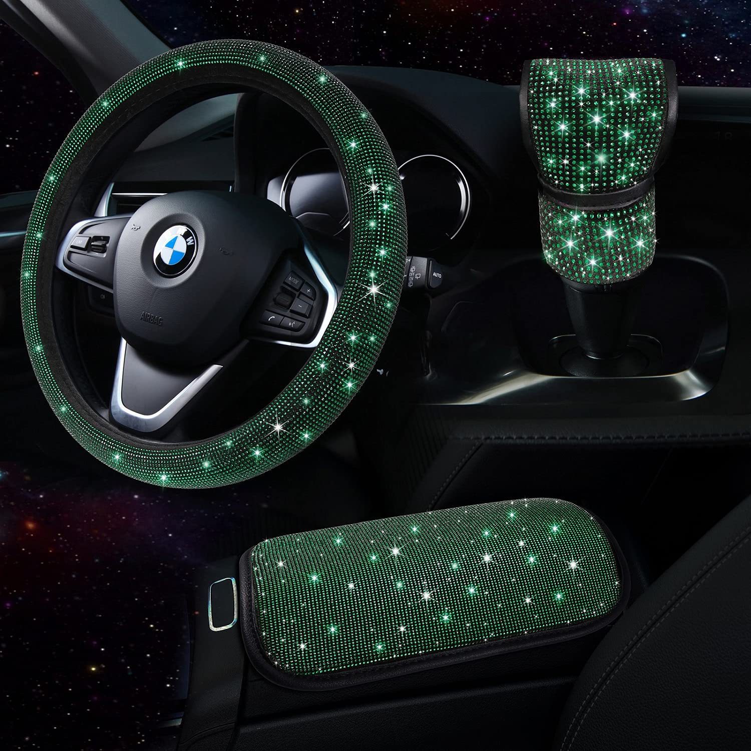 New Fashionable Full-Diamond Car Steering Wheel Cover for Women, Universal Crystal Flash Diamond Anti-Slip Handlebar Cover for All Seasons