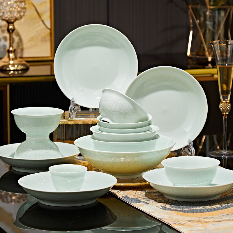 Jingdezhen Ceramics Song Aesthetics Celadon Tableware Set Home New Dish Set Chinese Housewarming Gift