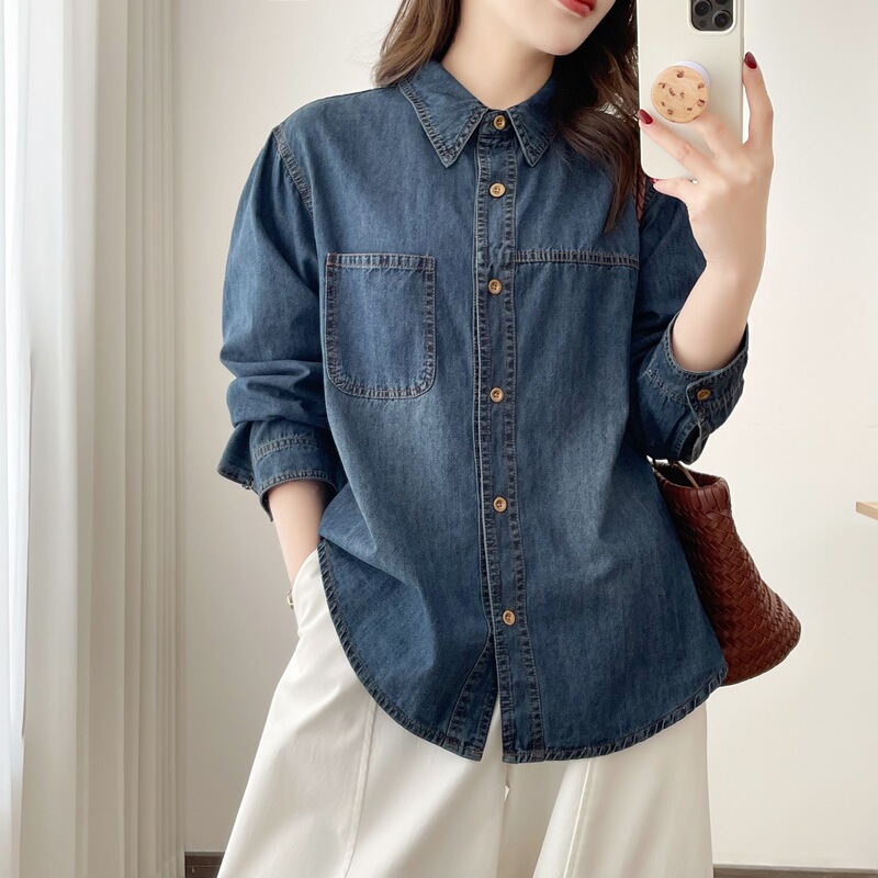 Women's Plus Size Denim Shirt 2026 100kg Korean Style Loose Casual Long Sleeve Shirt Jacket 9904 Women's Plus Size Denim Shirt 2026 100kg Korean Style Loose Casual Long Sleeve Shirt Jacket 9904