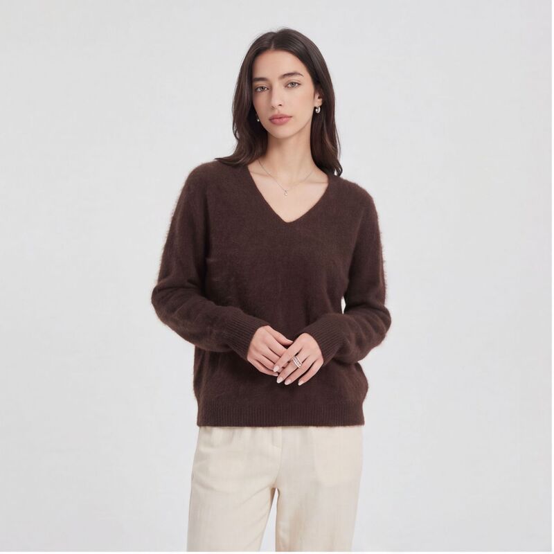 Autumn and winter Maillard-style brushed wool sweater for women, 90% wool, 5% cashmere, mulberry silk blend, V-neck knitwear wholesale