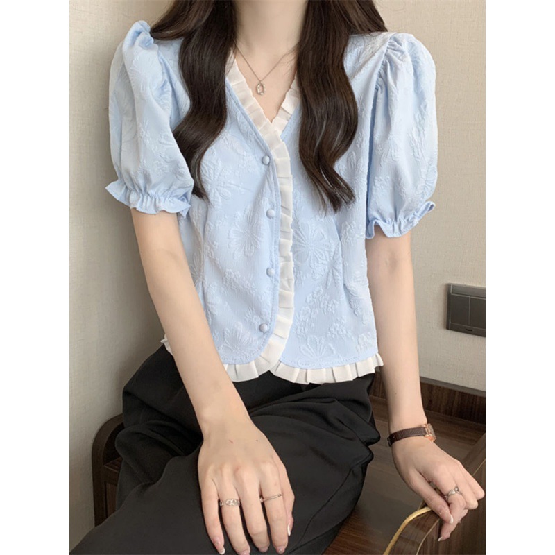 Women's Shirt Short Sleeve Summer Chic Sweet Small Shirt Puff Sleeve Sense Age-reducing Beautiful Western Style Short Top