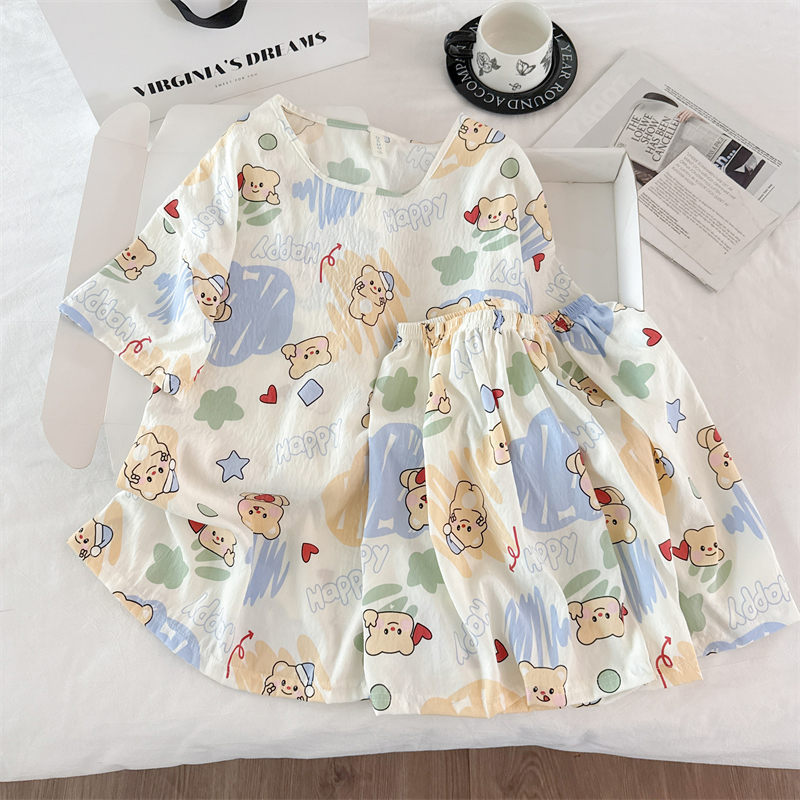 Transfronterizo al por mayor pijamas de algodón nubes de dibujos animados ropa de casa de mujer chaqueta manga corta pantalones cortos set set de cuello redondo set de dos piezas