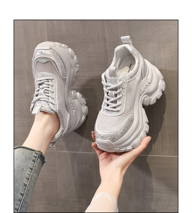 Giày sneaker chunky nữ đế dày mặt lưới đính đá tăng chiều cao — Màu đen chi tiết 13