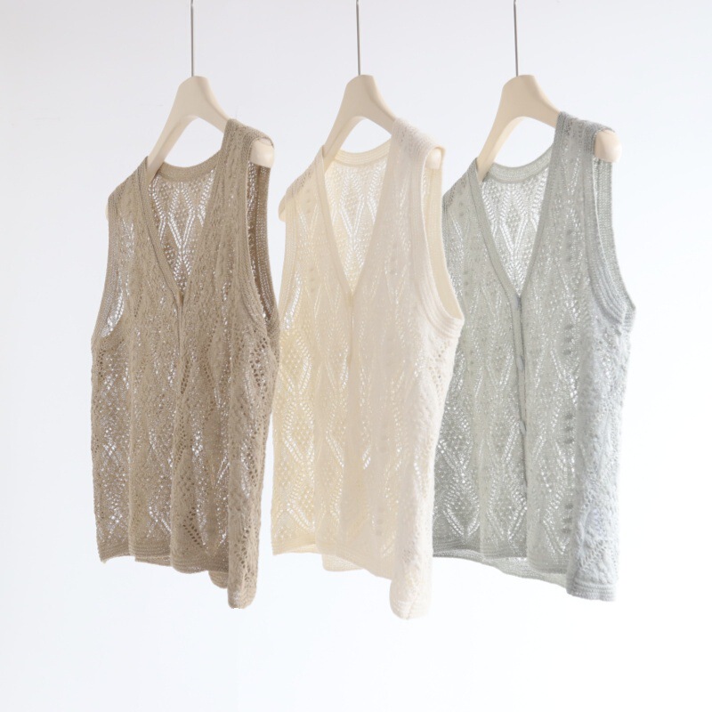 Japanese Paper Yarn and Cotton Blend V-Neck Single-Breasted Diamond Pattern Hollow-Out Sleeveless Vest for Women, Summer Knit Cardigan Tank Top
