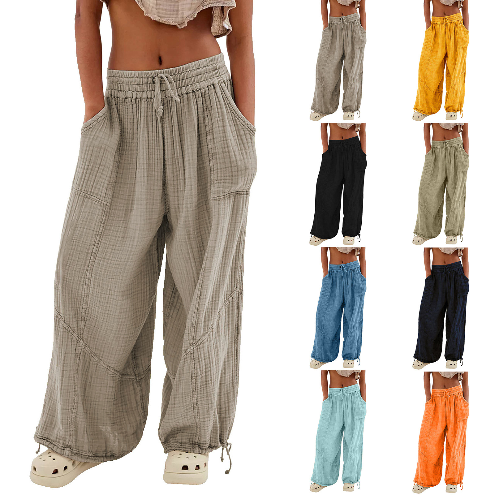 2023 Amazon Hot Sale Women Casual Fashion Solid Color Strap Pocket Wide Leg Pants Trousers Casual Pants