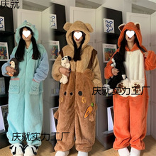 卡通动物连帽珊瑚绒睡衣女冬季新款加厚毛绒一体式连体衣居家睡袍