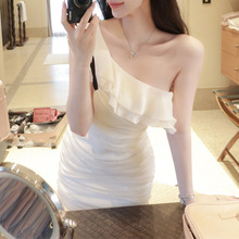 设计感荷叶边连衣裙女纯欲性感辣妹短裙气质收腰褶皱包臀裙礼服裙
