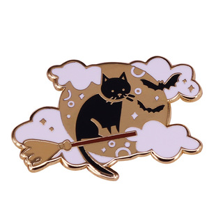 Magic moon cat brooch cat badge riding broom cute cartoon animal pin