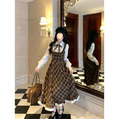 Zifengsugar フレンチレトロチェック柄フェイクツーピースシャツドレス秋冬カレッジスタイルウエスト痩身ロングスカート