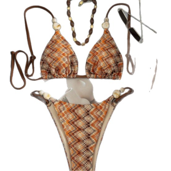 Damesbikini set met slangenprint, satijnen beige top en hoog taillebroekje, Europese/Amerikaanse stijl._voghion.com