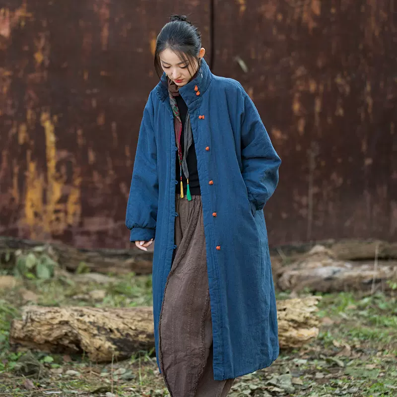 25棉麻女装原创新款宽松复古国风砂洗盘扣长款棉服女夹棉保暖棉衣