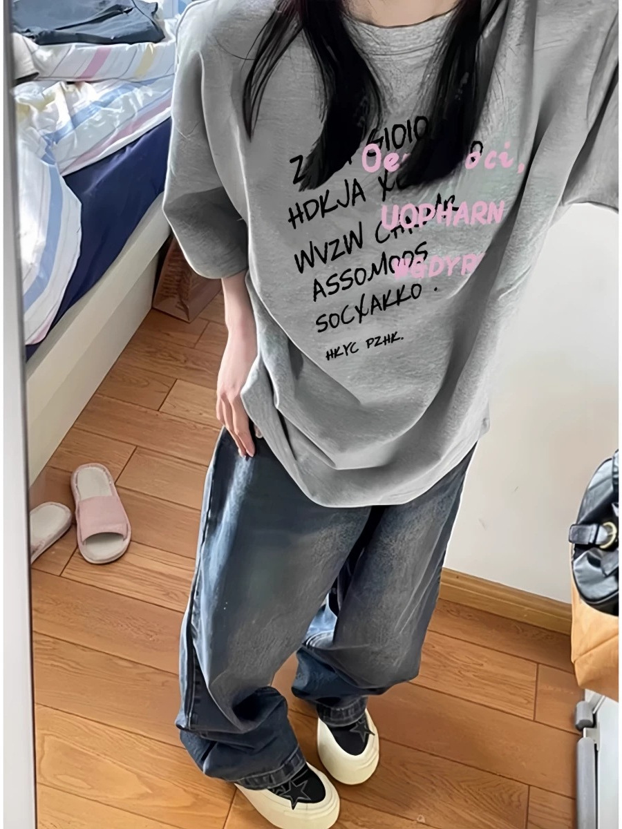 Heavyweight Pure Cotton American-Style Lettered Gray Short-Sleeve T-Shirt for Women, New Summer Style, Loose-Fitting Couple Design Half-Sleeve Top