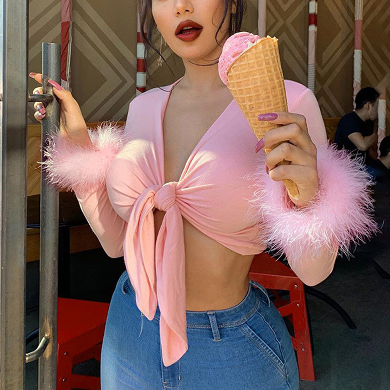 Sexy Solid Color Long Sleeve Regular Sleeve Patchwork T-shirt