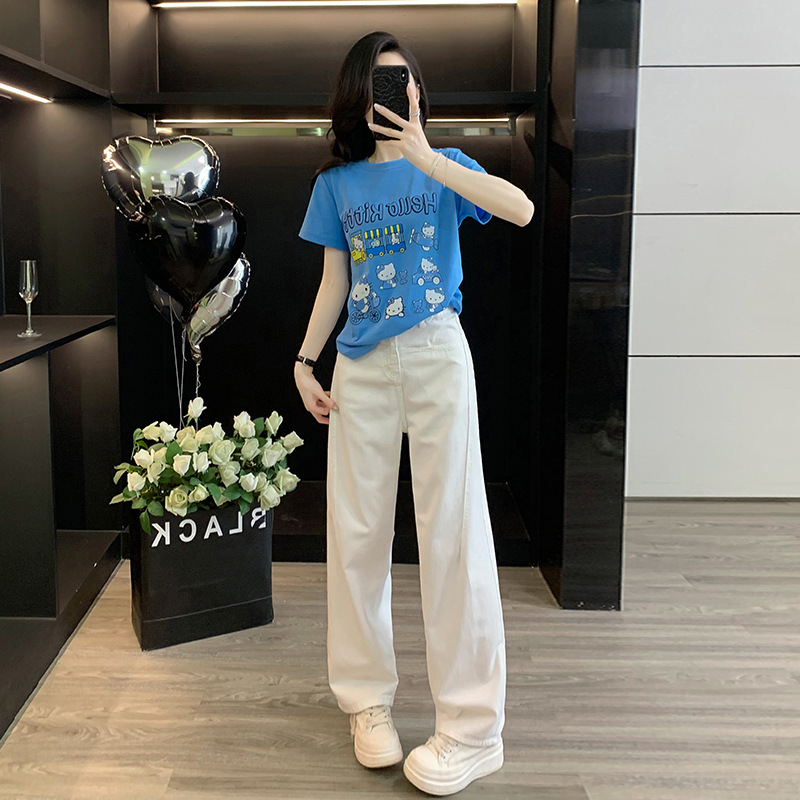 Women's Summer New Style 2026 Hot-Selling Blue Printed Short-Sleeved Loose Fashion T-Shirt Women's White Wide-Leg Jeans