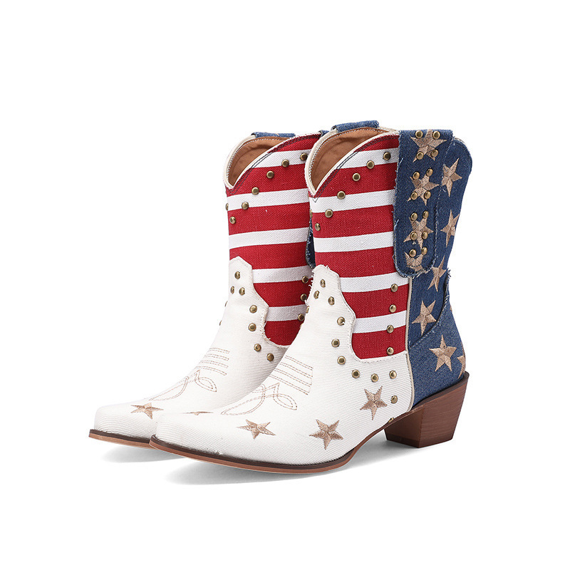 In-Stock New Striped Embroidered Pointed-Toe Studded Leather Boots, Short Fashion Boots, Chelsea Boots, Mid-Heel Women's Shoes In-Stock New Striped Embroidered Pointed-Toe Studded Leather Boots, Short Fashion Boots, Chelsea Boots, Mid-Heel Women's Shoes