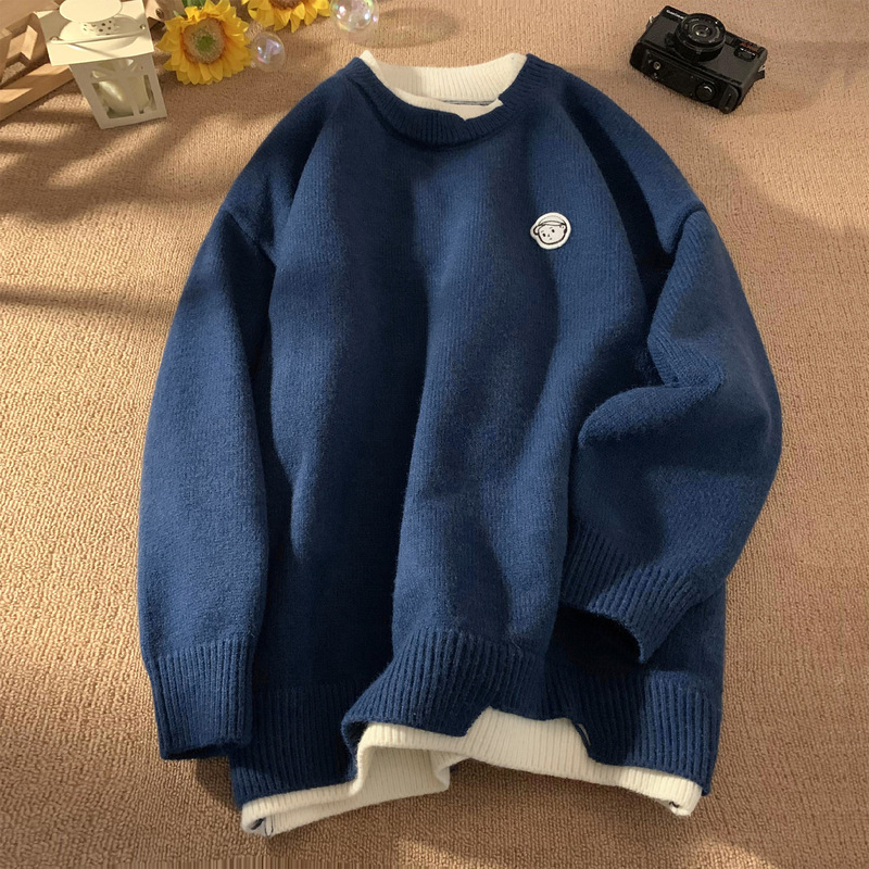 @ Hong Kong style Artistic Men's Japanese retro fake two-piece sweater men's autumn and winter round neck sweater winter loose sweater