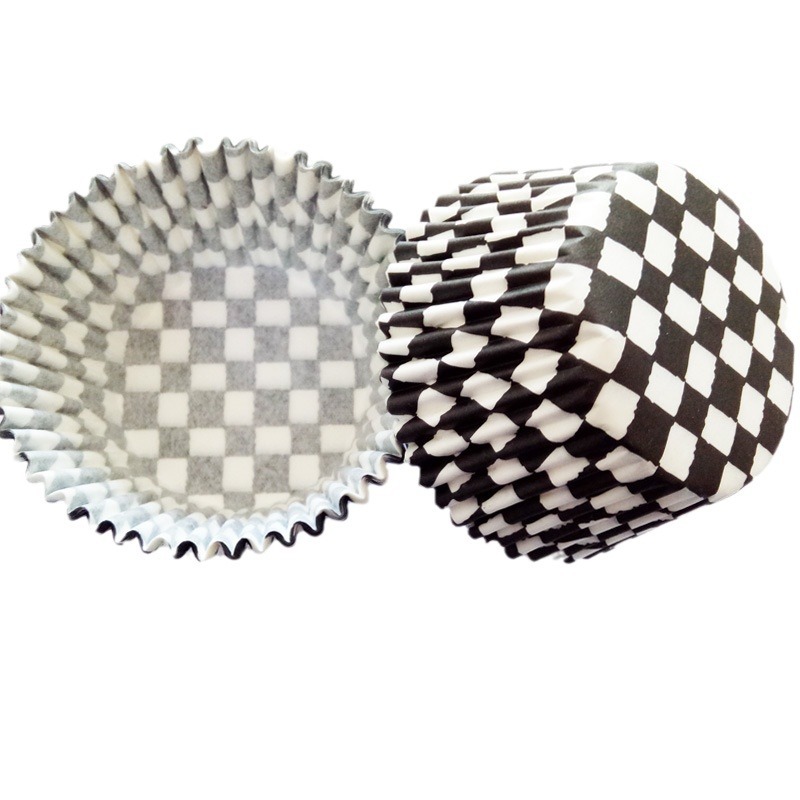 Barril de PVC rejilla blanco y negro para hornear pastel de muffin taza de papel titular de papel de chocolate a prueba de aceite empaquetado individualmente alrededor de 100