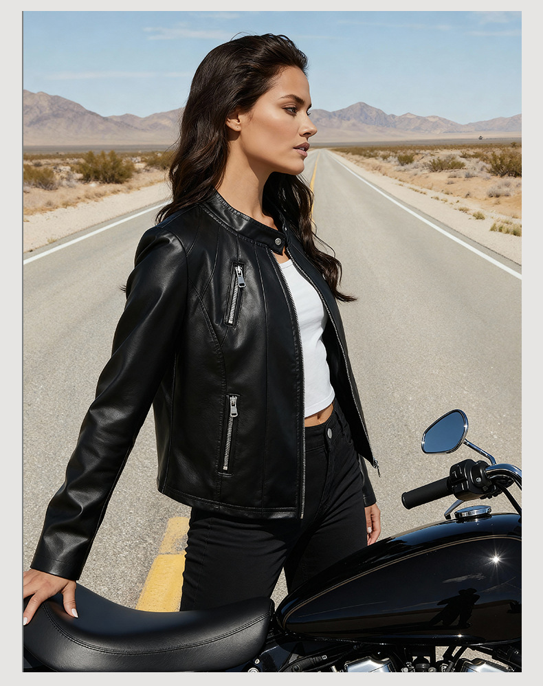 Giacca in pelle donna slim fit con collo alto taglie comode_voghion.com