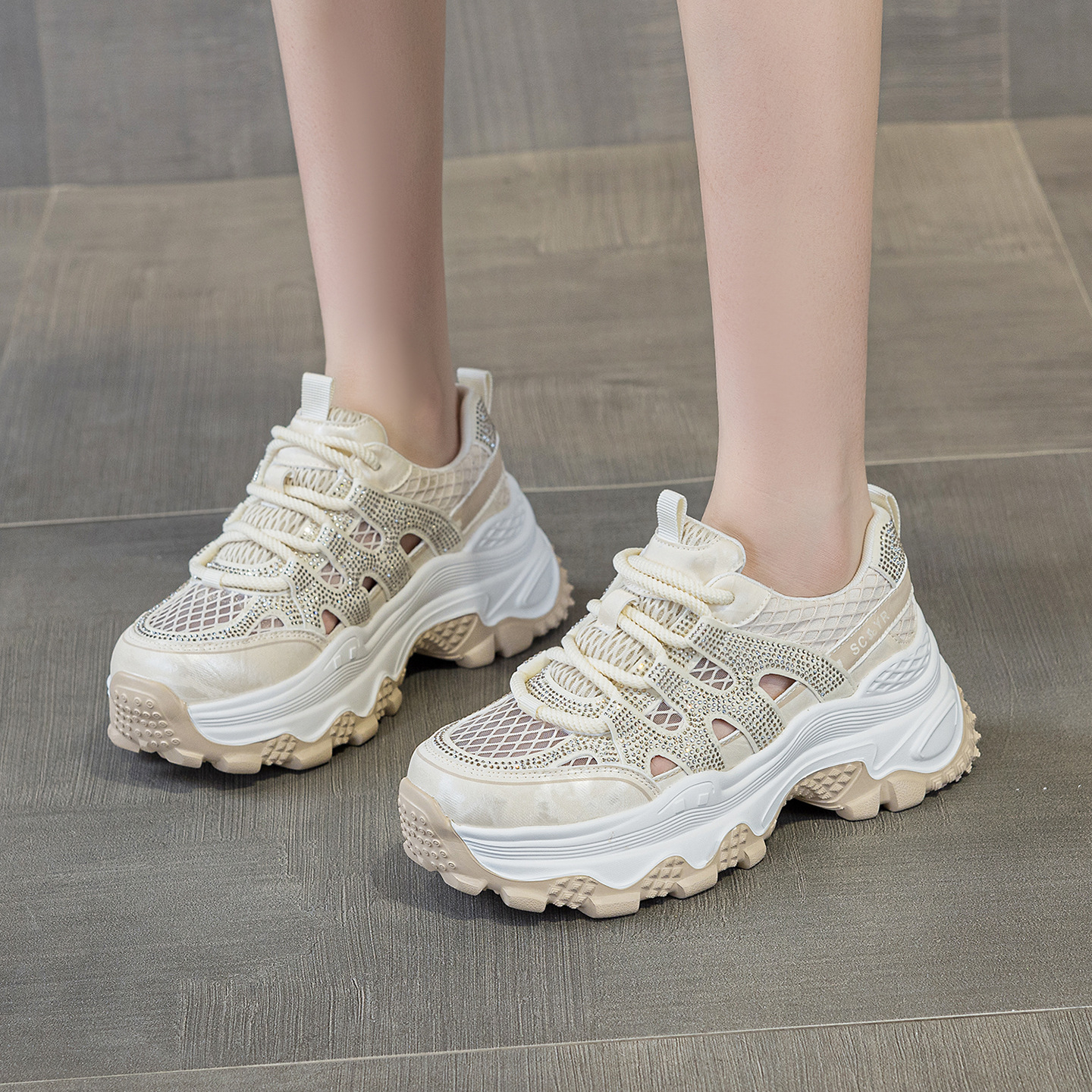 Giày sneaker nữ đế dày tăng chiều cao lưới thoáng khí mùa hè 2026 — Trắng 5075, Champagne 5075, Tím 5075