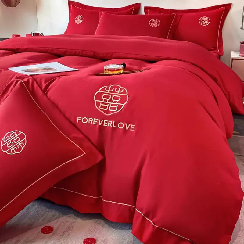 婚庆大红色喜庆婚被套四件套高级感新婚礼床单床笠结婚嫁床上用品