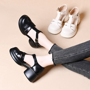 2025 New Style Baotou Sandals for Women, Summer Fashion Round Toe Shallow Mouth, One-Line Buckle, Thick Heel, Thick Sole, Hollow Mary Jane Shoes