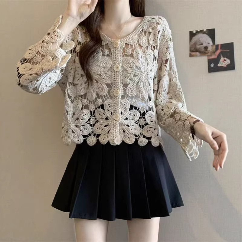 Summer Loose-Fitting Slimming Knitted Crochet Jacket, Bohemian Style Hollow-Out Long-Sleeved Cardigan Outer Top