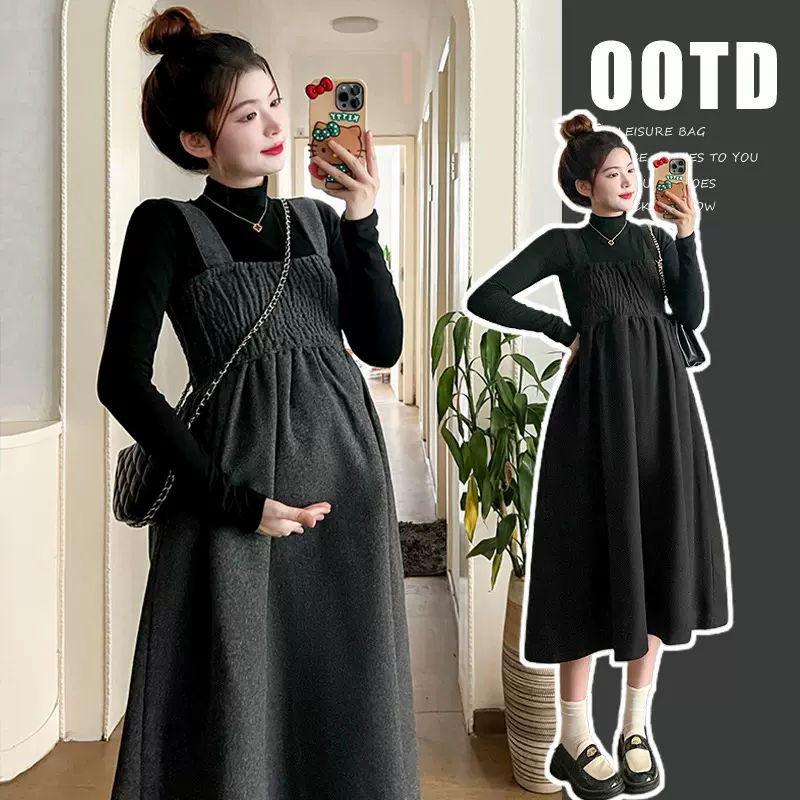 孕妇连衣裙套装秋冬装2024新款高级感毛呢背带裙子秋装遮肚两件套