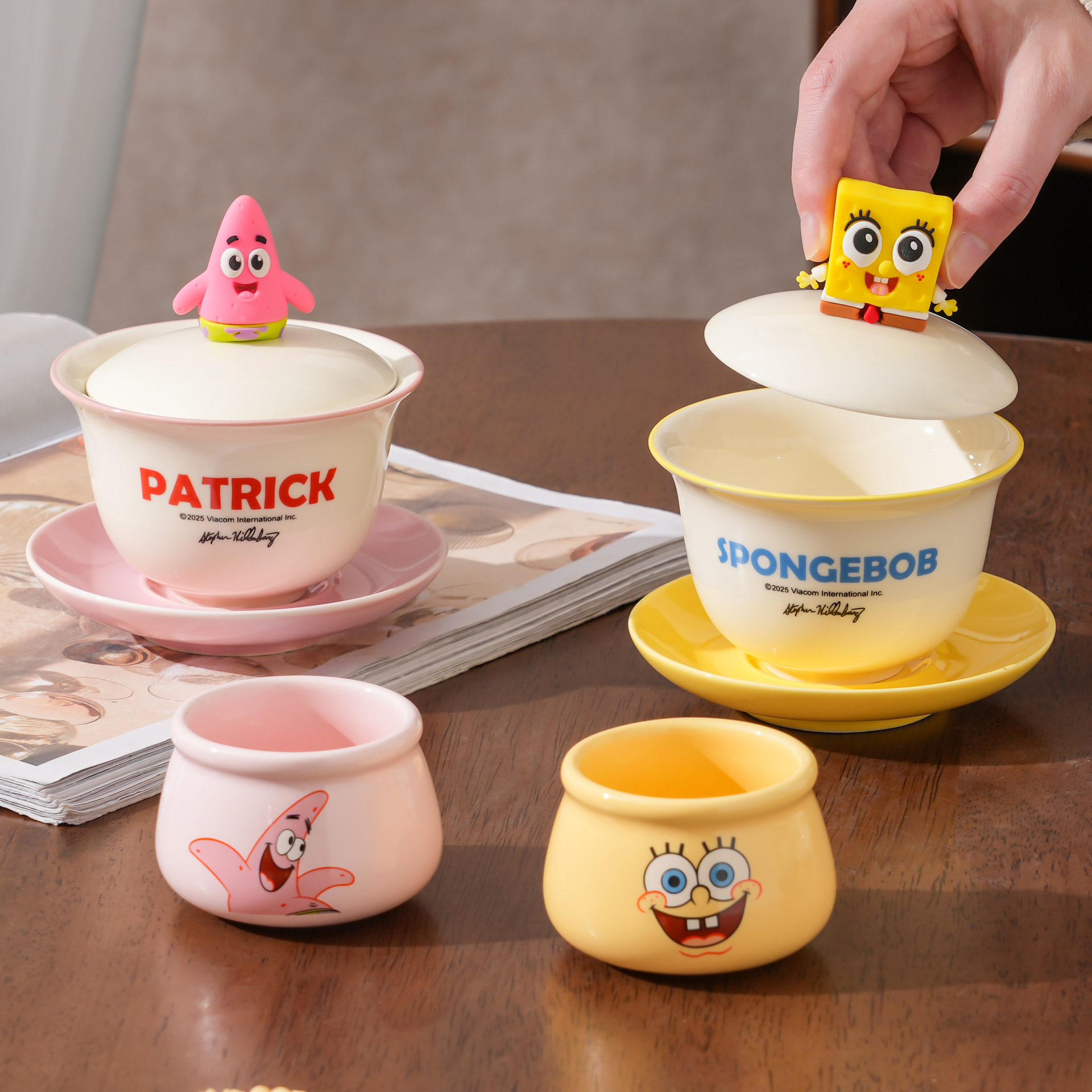 Juego de té de marca compartida de Bob Esponja, nueva taza de té de cerámica, caja de regalo, lindo recuerdo de dibujos animados, regalo de cumpleaños