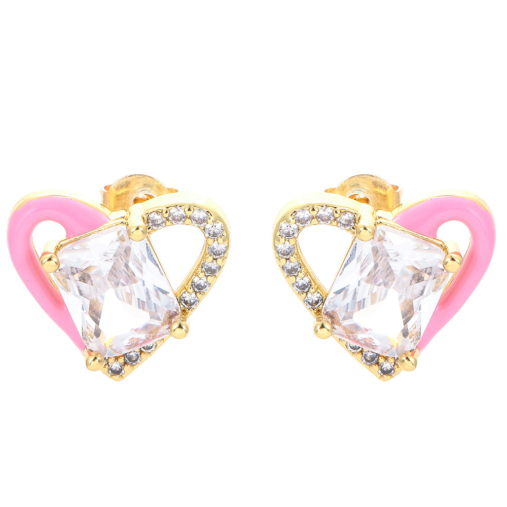6g Weight Zircon Inlay Material Fashion Heart Shape Copper Plating Zircon Ear Studs 1 Pair