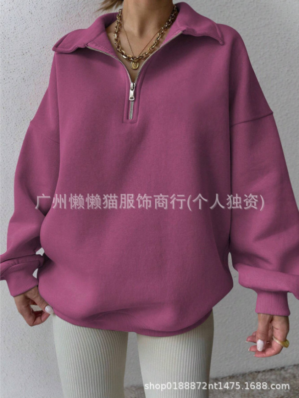 2025新款亚马逊春秋新款女式纯色宽松半拉链开襟长袖简约休闲卫衣|undefined