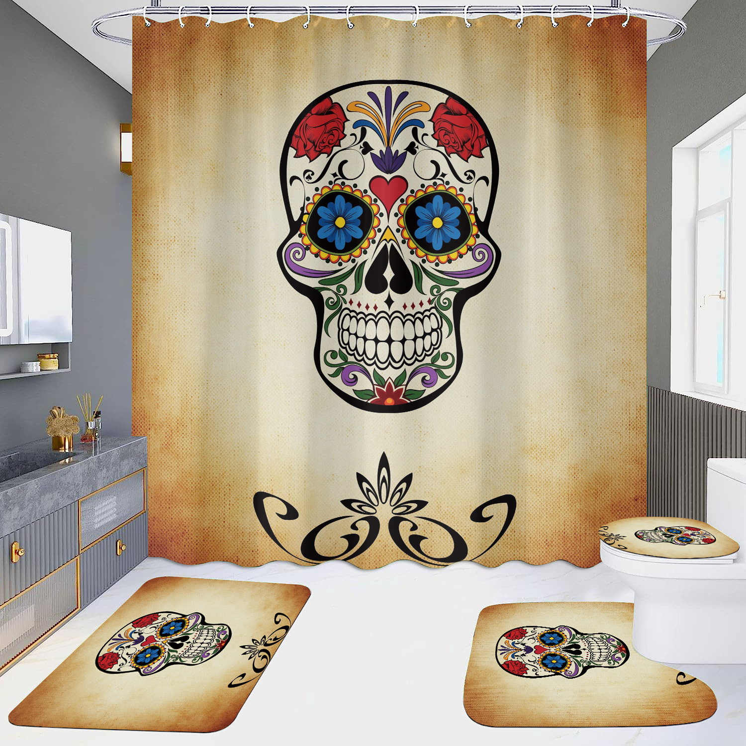 Cortina de ducha de suministro directo transfronterizo conjunto de cuatro piezas hd impermeable sin perforaciones baño hotel baño partición cortina wansheng cráneo