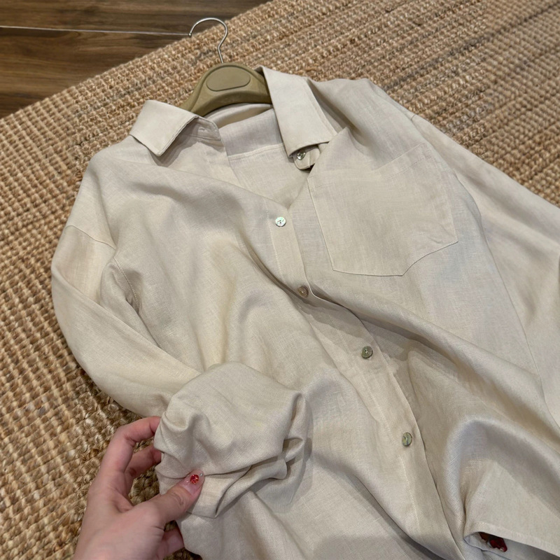 Khaki Tencel Linen Collared Shirt for Women 2026 Korean Style Casual Luxury Imported Shirt Khaki Tencel Linen Collared Shirt for Women 2026 Korean Style Casual Luxury Imported Shirt