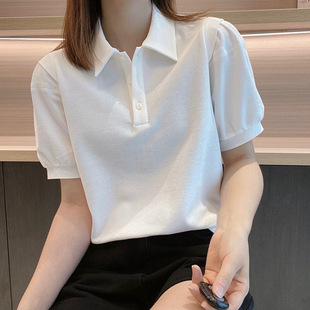 Cotton plus size Women's chubby girl Summer New Lapel Polo Shirt Loose Button V-Neck T-Shirt Top Trendy A3491