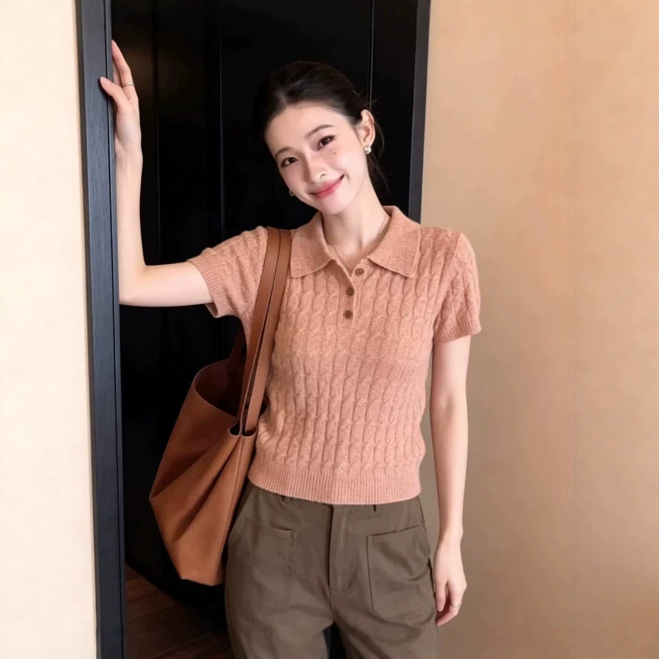 Áo thun polo nữ tay ngắn phong cách Hàn Quốc, chất liệu cotton dệt kim mềm mại — màu sắc chi tiết 1
