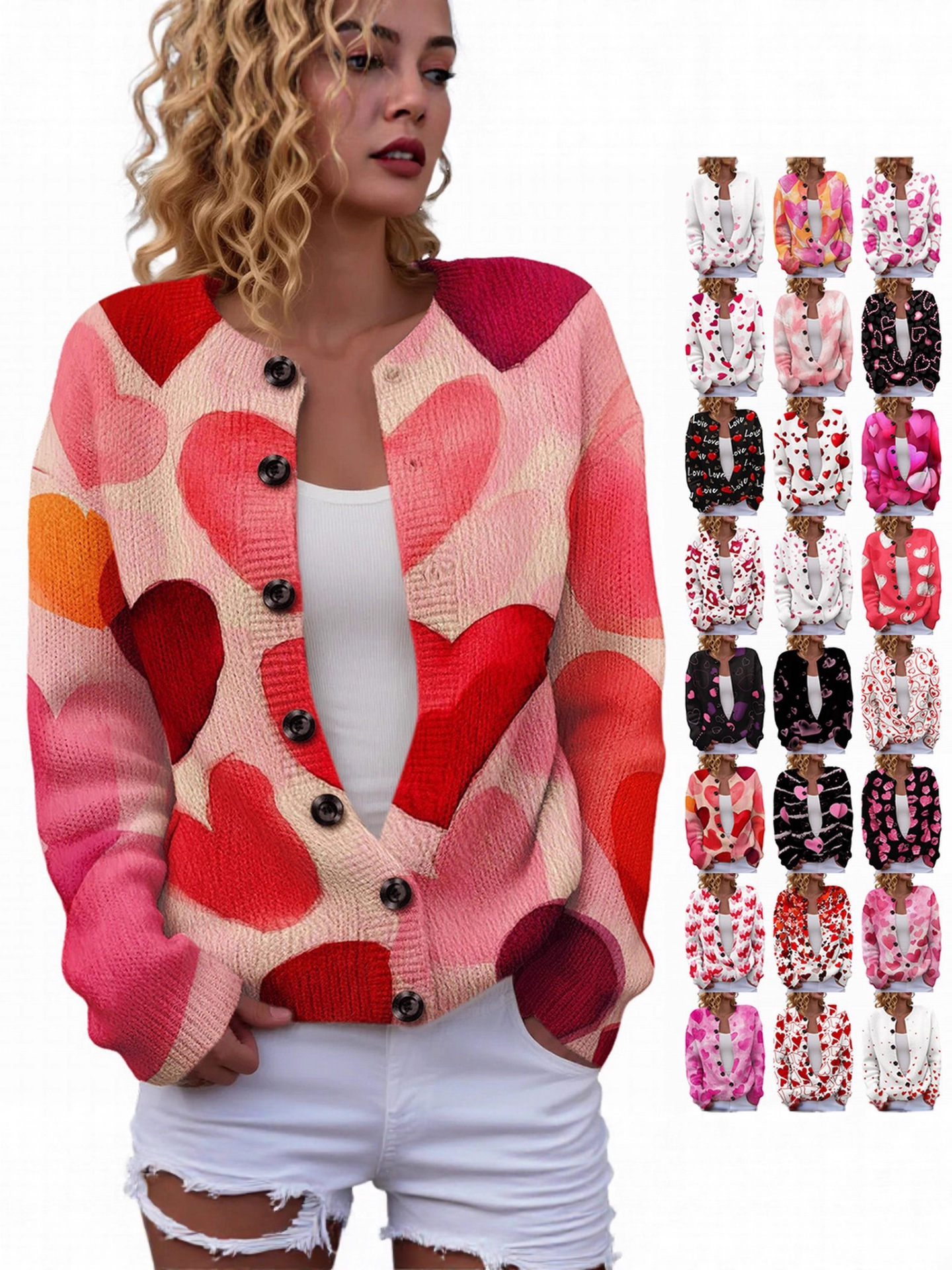 Zjw-Yk01-Round Neck Cardigan 2025 Valentine's Day Love Jacket 3D Digital Printed Sweater Cross-Border New Style