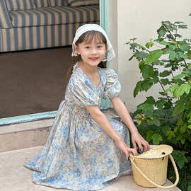 艾摩贝贝童裙子夏中大小女童洋气度假田园风泡泡袖公主碎花连衣裙