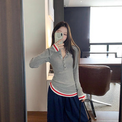 条纹Polo领针织衫女复古撞色2025秋冬新款内搭修身显瘦长袖上衣潮