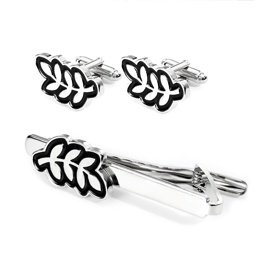 simple leaf cufflinks men's business French shirt cuff nails tie clip set gift box ready to buy_voghion.com