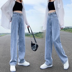 ウエストの調整可能なジーパンの女性の春と秋の高腰のストレートズボンはゆったりしています。