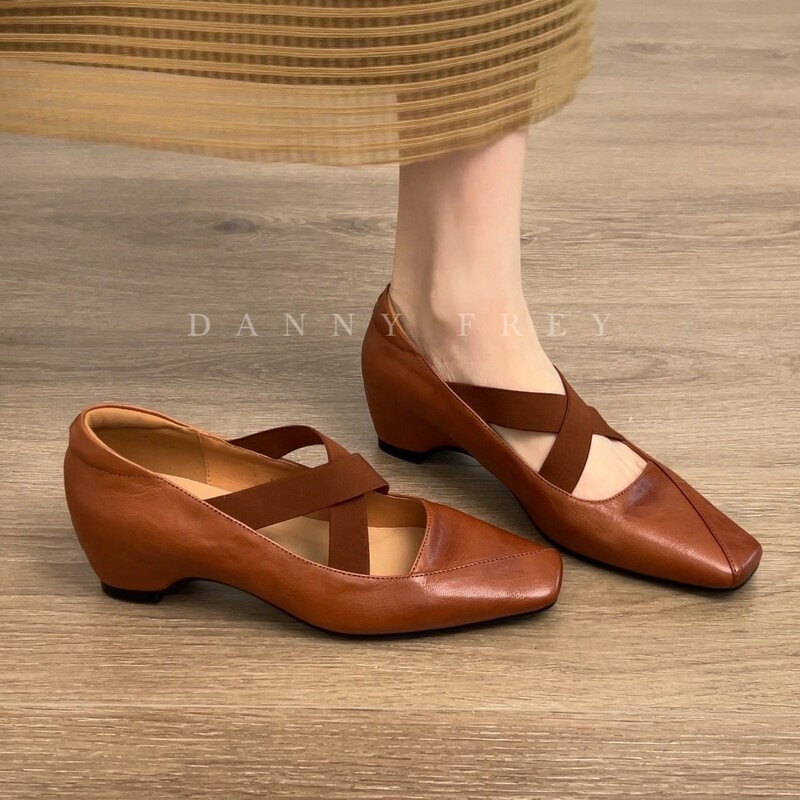 5cm Ballet-Style Retro Genuine Leather Wedge High Heels with Square Toe, Cross-Tie Straps, and Hidden Height Increase, Lolli Mary Jane Shoes