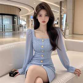 慧富家千金气质方领长袖连衣裙女轻奢高级感小众感包臀裙