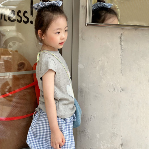 Girls' summer 2025 new bow cat printed short-sleeved versatile loose wide-leg casual pants two-piece set