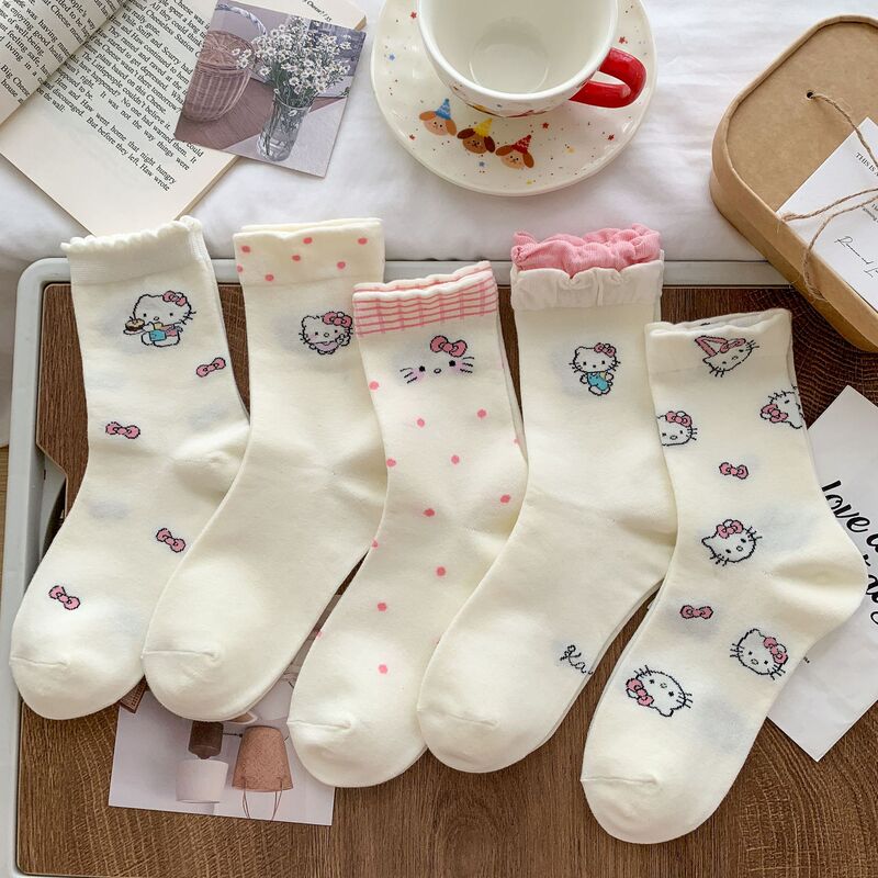 Spring 2025 New Popular Cute Cartoon Kt Cat Fashion Versatile Age-Reducing Loose Socks Women's Mid-Calf Socks