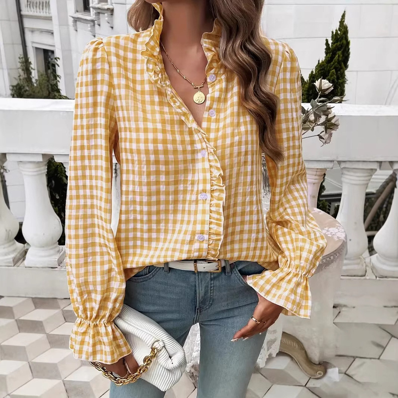Cross-Border European and American New Style Spring and Autumn Women's Plaid Shirt French Style Women's Top Button-Up Shirt V-Neck Shirt